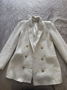 Zara Cream Double-Breasted Bouclé Blazer with Gold Buttons